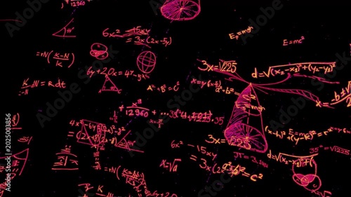 mathematics MATH meme overlay animation in layered algebra handwritten on chalkboard, pink red orange writing on black background