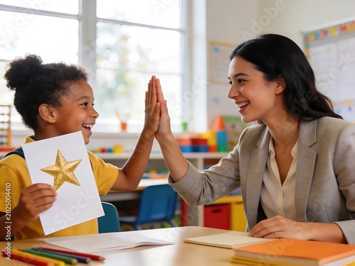 Great job teacher giving high five to student with gold star