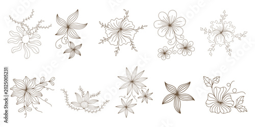 This aesthetic flower line art set, designed with brown lines, can be used in a variety of ways, such as for card design, wedding decorations, stickers, scrapbooks, digital printing, paper patterns, 