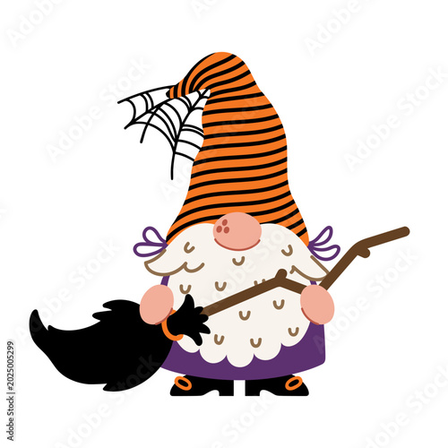 A cute Halloween gnome warlock, vector icon. A bearded elf in a striped hat with a cobweb, holding a magical broom. A creepy mystical character, a funny sorcerer. Hand drawn clipart, cartoon for kids