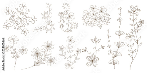 This aesthetic flower line art set, designed with brown lines, can be used in a variety of ways, such as for card design, wedding decorations, stickers, scrapbooks, digital printing, paper patterns, 