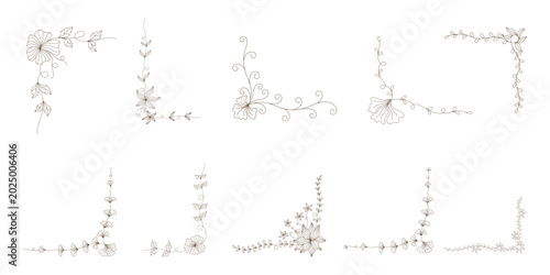 This floral corner border set, designed in a minimalist line style in brown tones, is easy to use and versatile for various projects such as decorating cards, weddings, worksheets, school supplies
