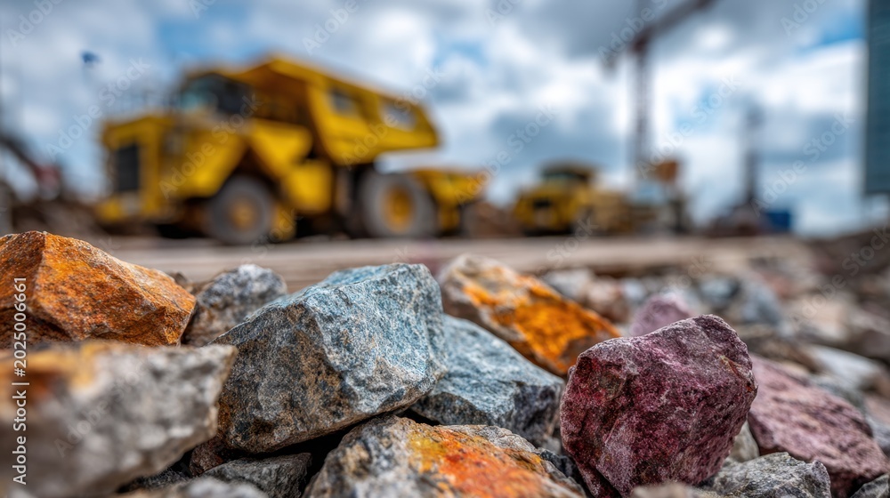 Fototapeta premium Multicolored construction rocks in sharp focus with blurred heavy yellow dump trucks and a cloudy sky in the background at a large industrial site