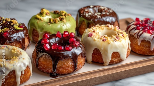 Delicious assorted donuts topped with chocolate, nuts, and fruit on a wooden platter.