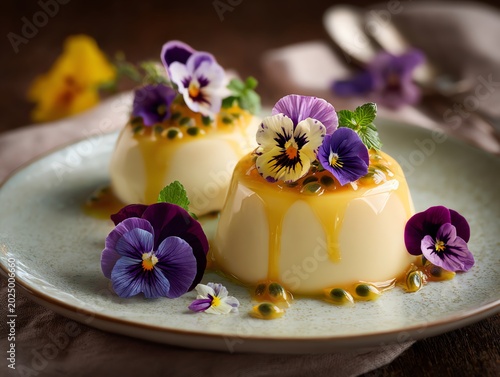 Delicious panna cotta topped with vibrant edible flowers and passion fruit sauce.