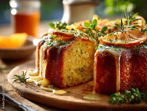 Delicious honey cake garnished with herbs and citrus, perfect for celebratory occasions.
