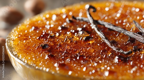 Deliciously caramelized creme brulee topped with vanilla and a crispy sugar crust.