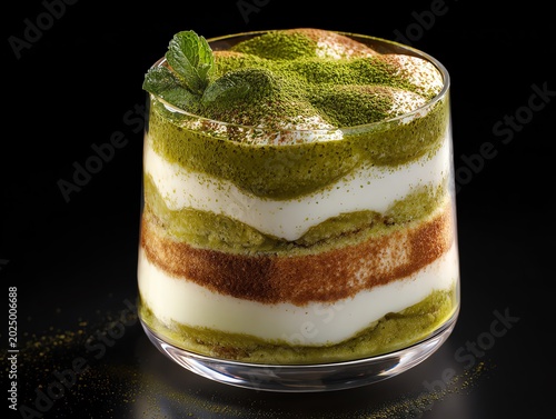 Delicious layered dessert featuring matcha, cream, and cookies in a glass.