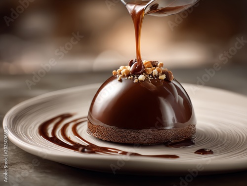 A decadent chocolate dessert with a rich sauce caramel drizzling atop.