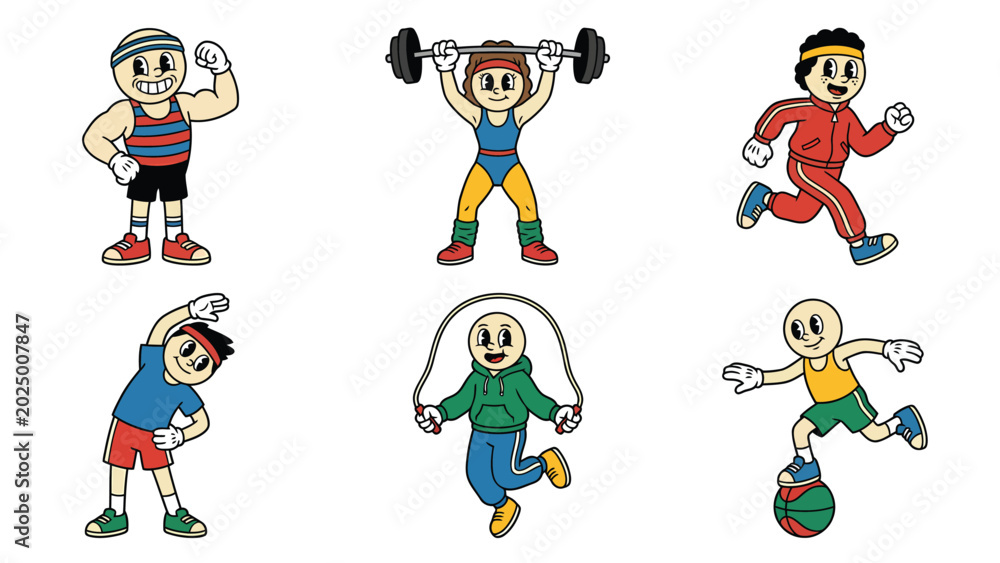 Fototapeta premium Set of retro cartoon characters exercising, including weightlifting, running, stretching, jumping rope, and playing with a ball.