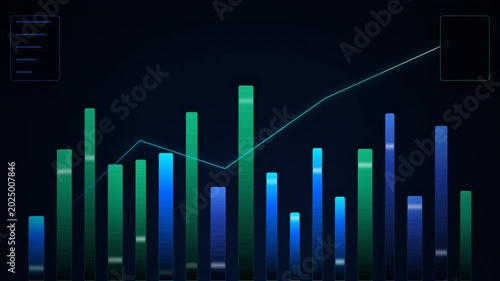 A digital graph displays ascending bars in green and blue with a glowing line trend, set against a dark background, indicating data growth