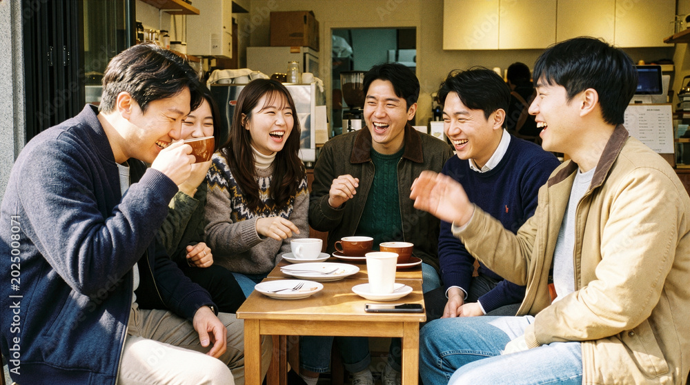 Fototapeta premium Asian friends laughing at an outdoor cafe