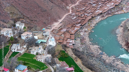 Tableau sur toile Aerial View of Millennium Ancient Salt Fields by Lancang River, Mangkam, Xizang,