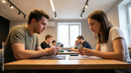 Young adults playing trading card game together