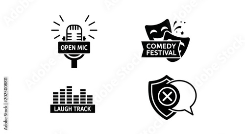 Set of four black icons representing comedy and performance.