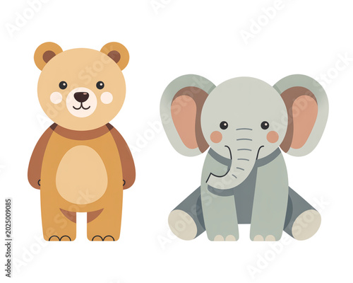 Photos Cute brown teddy bear and gray stuffed elephant toy sitting together Vector