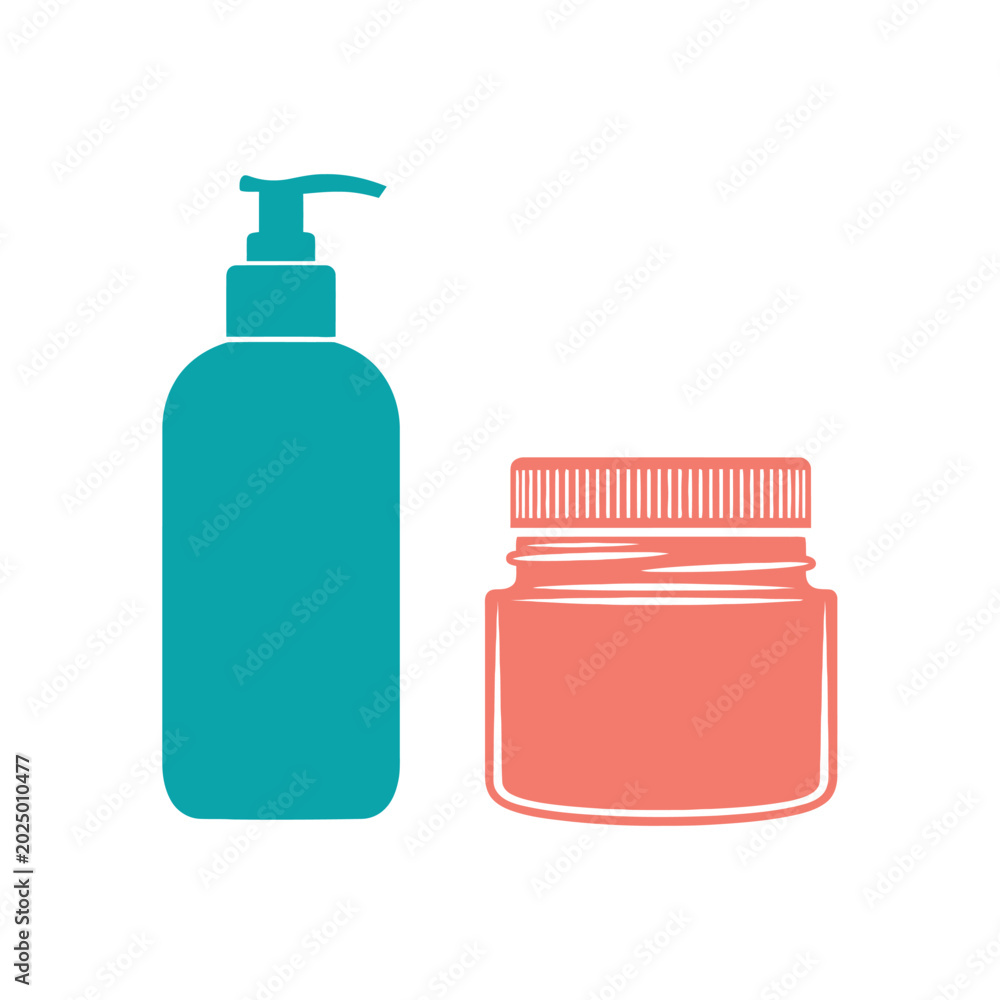 Fototapeta premium Two cosmetic containers one pump bottle and one jar.
