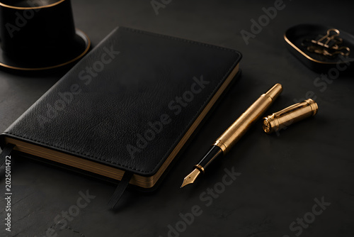 Luxury Writing Set: A sleek black leather-bound journal rests beside a sophisticated gold fountain pen and its cap, exuding an aura of elegance and classic style for your writing endeavors.