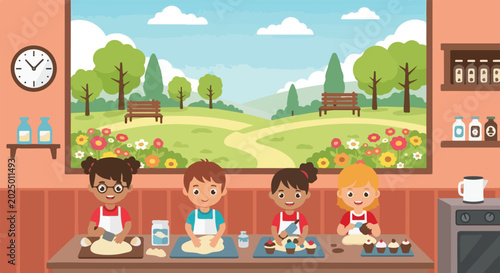 Foto Four diverse children are happily baking cupcakes and kneading dough in a cozy kitchen with a scenic park view through a large window