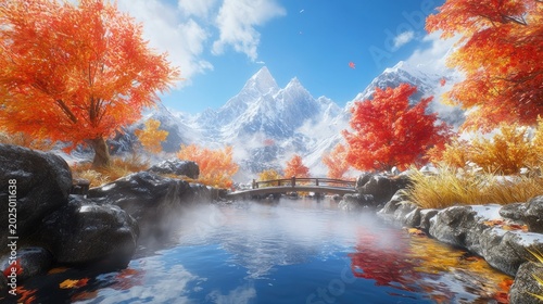 Autumnal mountain hot spring scene with a wooden bridge.  Vibrant fall colors meet snowy peaks.  A serene, tranquil landscape