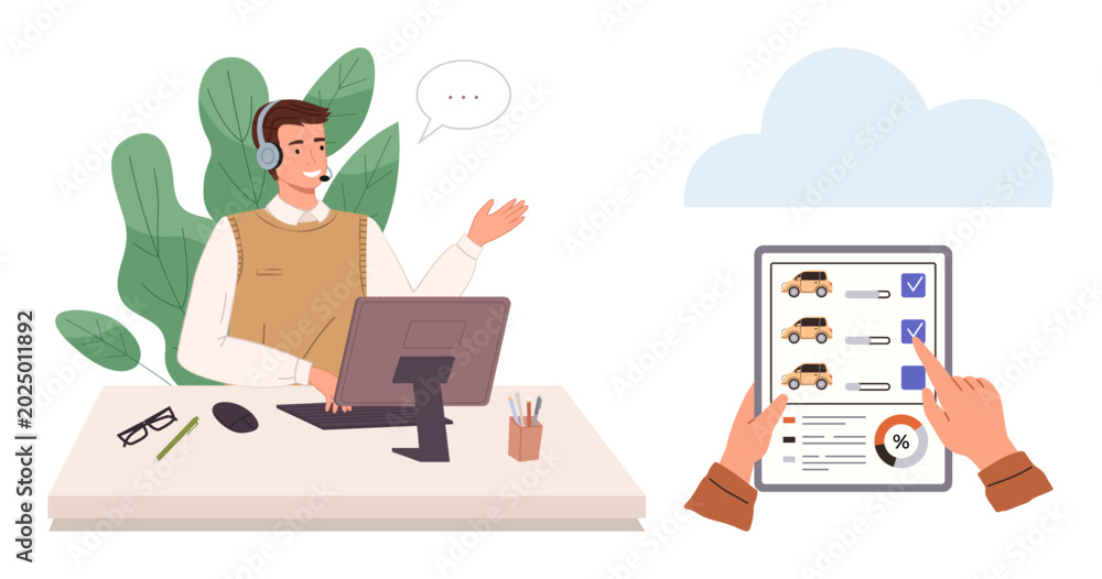 Fototapeta premium Online shopping, customer support, e-commerce, car selection, digital marketing, cloud technology. A customer service agent seated at a desk converses while a person browses cars online using