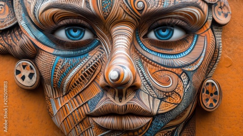 Close-up of a stylized female face, intricate design, vibrant colors
