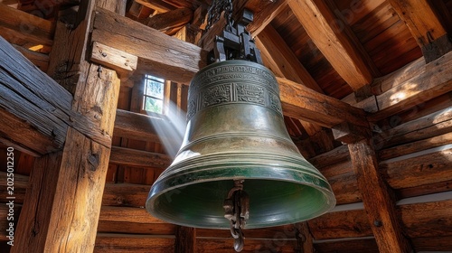 Antique bell in rustic wooden church tower. Sunlight streams through a window