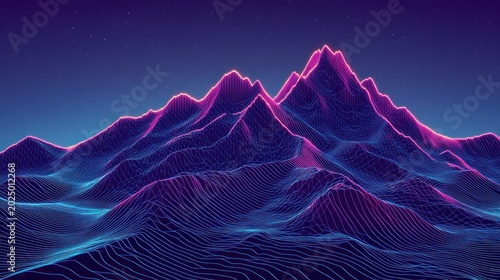 Nighttime digital mountain range, vibrant neon lines