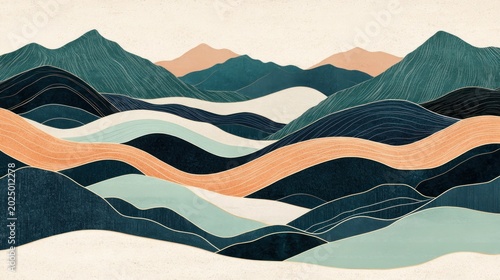 Abstract mountain range landscape.  Soft, muted colors of teal, peach, and light teal, with hints of gold, create a serene, layered mountain scene
