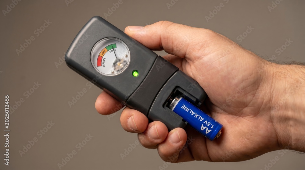 Fototapeta premium AA alkaline battery being tested with handheld digital battery tester showing good charge