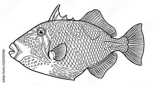 Canvas Print Detailed illustration of a triggerfish, black and white line art, marine animal