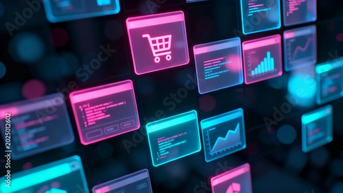 Futuristic online shopping ecosystem in neon colors with digital commerce interfaces, virtual retail platform, payment technology and cyber marketplace connectivity