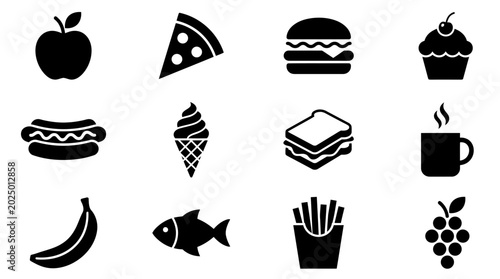 Minimal silhouette food icon collection with twelve different foods  solid black vector shapes  geometric flat design  simple recognizable forms