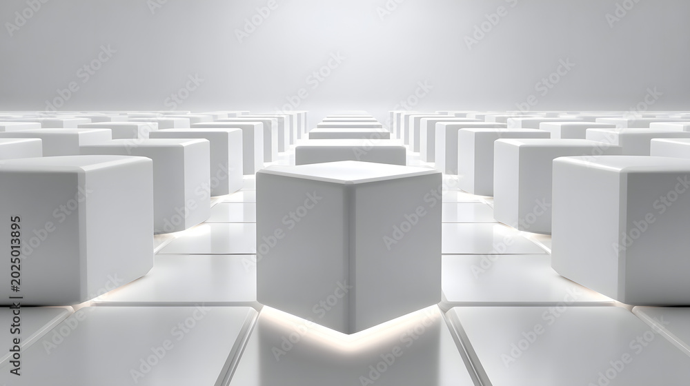 Fototapeta premium Minimalist Wide Shot of Several Brandless Matte White Cubes Arranged in Symmetrical Grid Pattern on Smooth Gray Floor for Abstract Data Technology Background