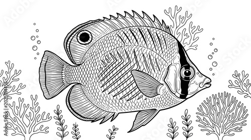 Photos Detailed black and white illustration of a butterflyfish with coral and bubbles