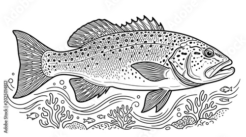 Quadro em tela Black and white illustration of a speckled fish swimming underwater with coral a