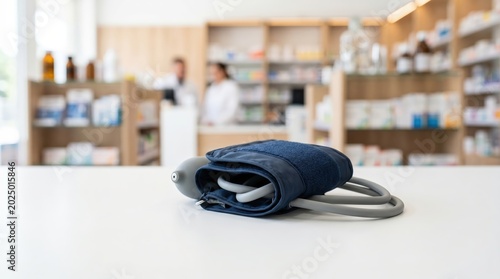Blood pressure monitor cuff neatly folded on white table in modern pharmacy setting with blurred shelves and staff in background for medical diagnostics and home health care