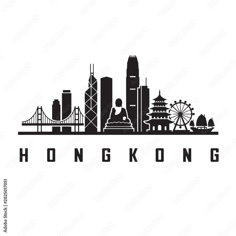 Obraz premium Hong Kong Skyline Minimalist Black Silhouette Vector Illustration