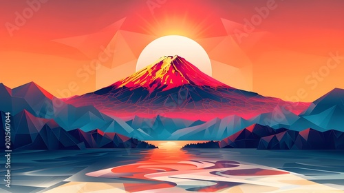Geometric Mount Fuji Landscape Collection in Vibrant Polygonal Abstract Style