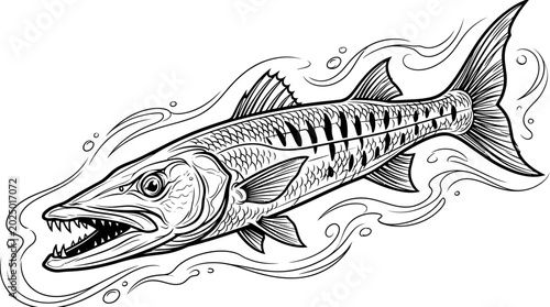 Photography Aggressive Barracuda Fish Swimming Underwater with Open Mouth and Sharp Teeth, L
