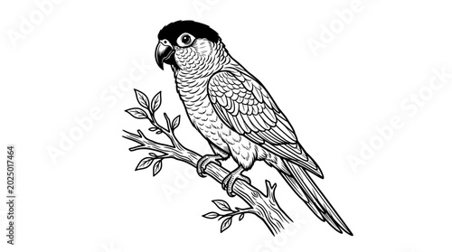 Foto Black-headed Parrot Perched on a Branch, Line Art Illustration