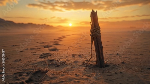 sedition. Broken flagpole in sandy ground with retreating footprints, sunset symbolic of surrender. inspiring travel planning.
