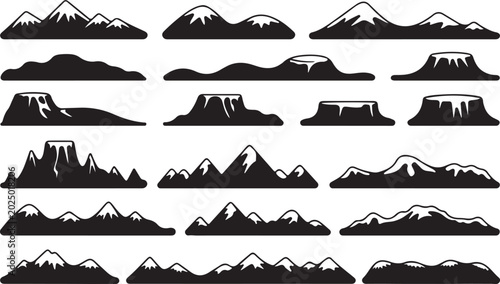 Various mountain ranges and rock formations in silhouette style.