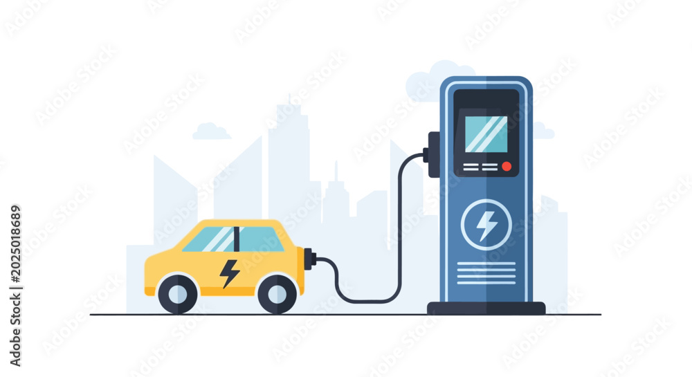 Naklejka premium Yellow electric car charging at a modern charging station. EPS Editable. Vector Illustrations.