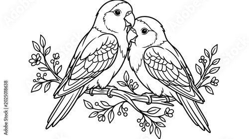 Bilde på lerret Two lovebirds perched on a branch with small flowers, line art illustration