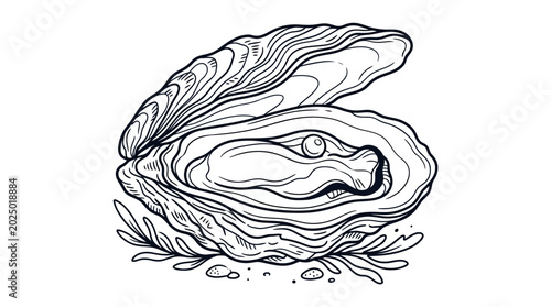 Photos Open Oyster with Pearl, Hand-Drawn Line Art