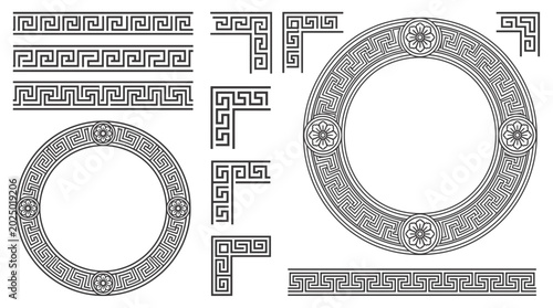 Collection of black Greek meander patterns including linear borders, decorative corners and circular frames with floral centers, representing Hellenic motifs and symbolizing classical design