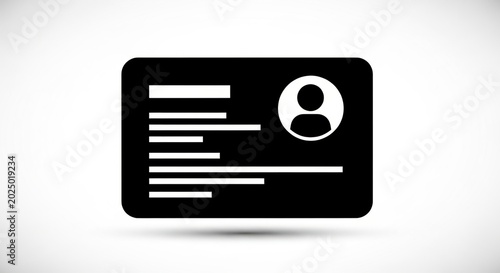 Black and white icon of an identification card with personal details and a profile picture.