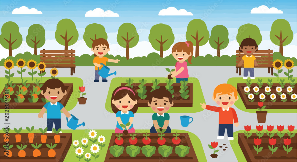 Fototapeta premium A group of diverse children happily work together in a vibrant community garden, planting vegetables and flowers under a sunny blue sky.