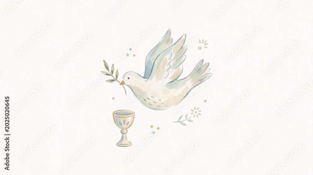 Fototapeta premium White dove with olive branch and chalice watercolor christian illustration 
